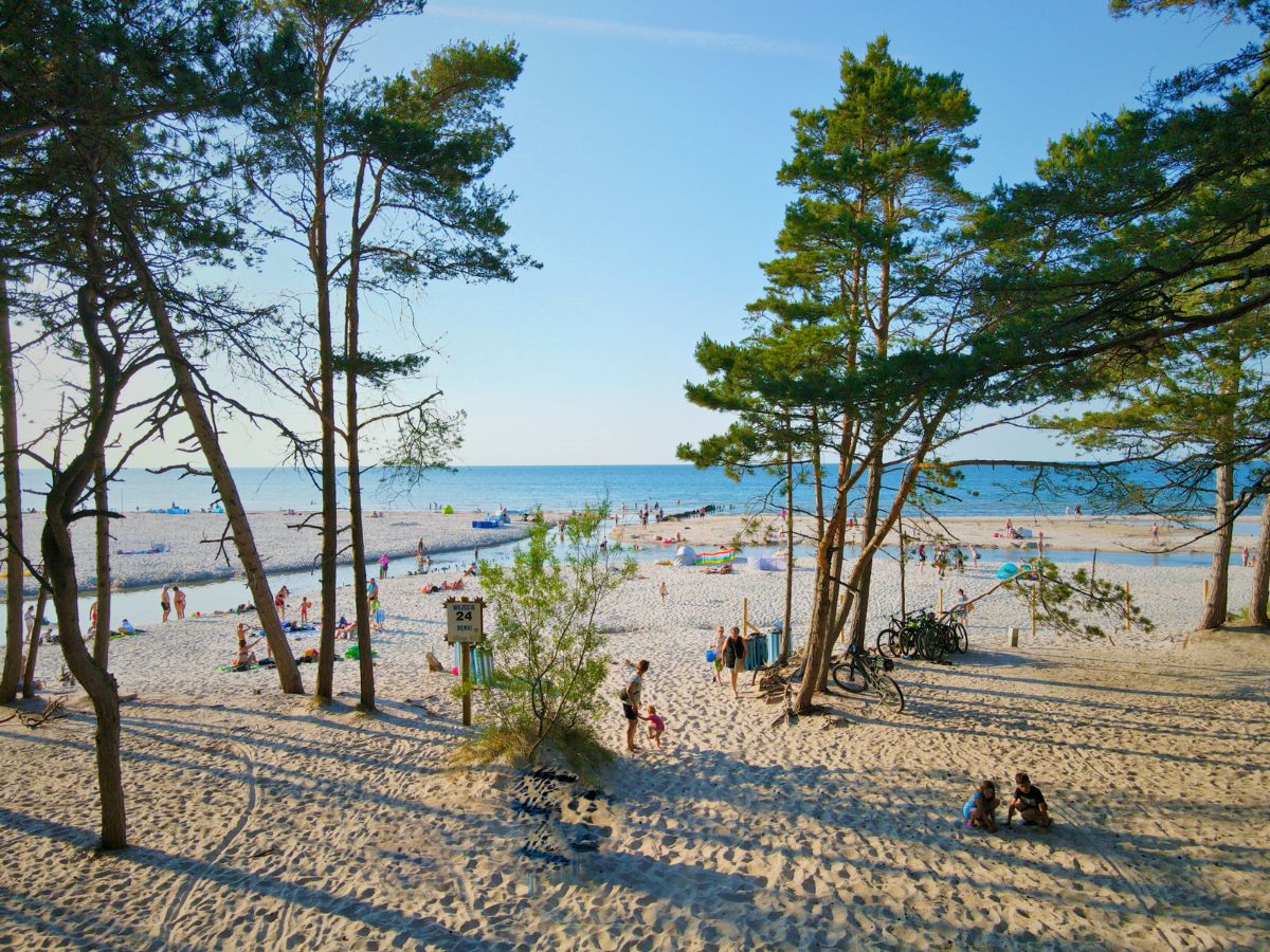 Ujście rzeki Piaśnicy do Bałtyku widziane z wydm